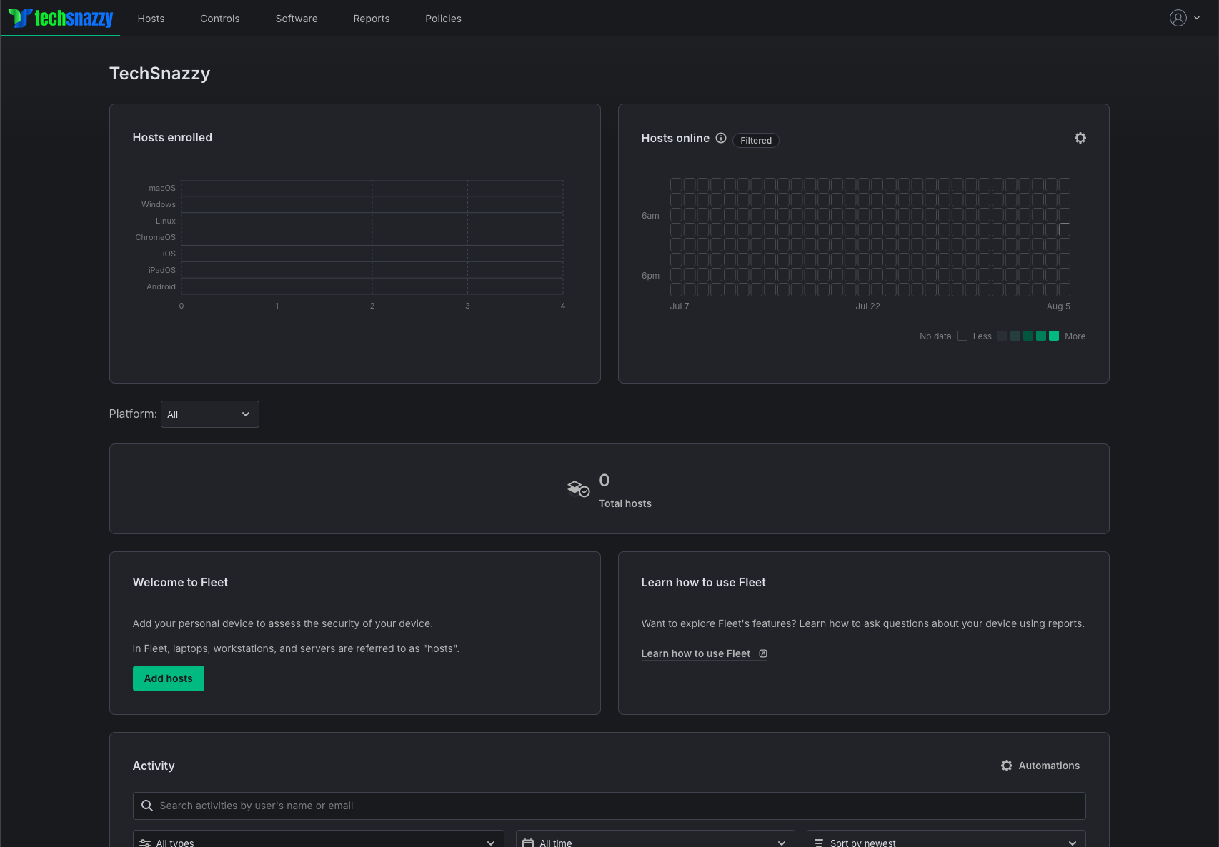 Fleet dashboard after initial setup, showing zero hosts enrolled