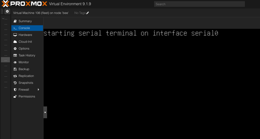 Proxmox console showing the Fleet VM booting